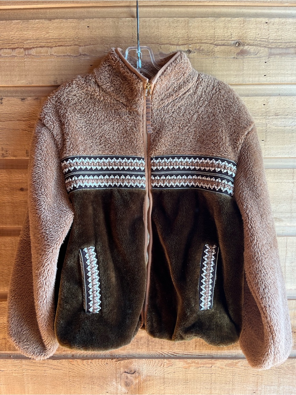 UGG - Cozy Brown & Tan Fleece Sherpa Jacket with Patterned Trim